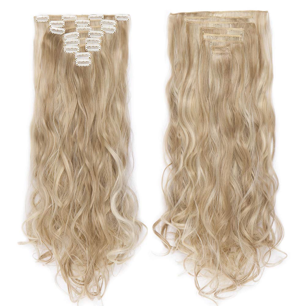 24"(60cm) SEGO Extensiones de Cabello Clip de Pelo Sintético Se Ve Natural 8 PCS [Sandy Rubio mezcla Blanqueador Rubio] Rizado Ondulado Largo Postizos Pelucas (140g) — view 5