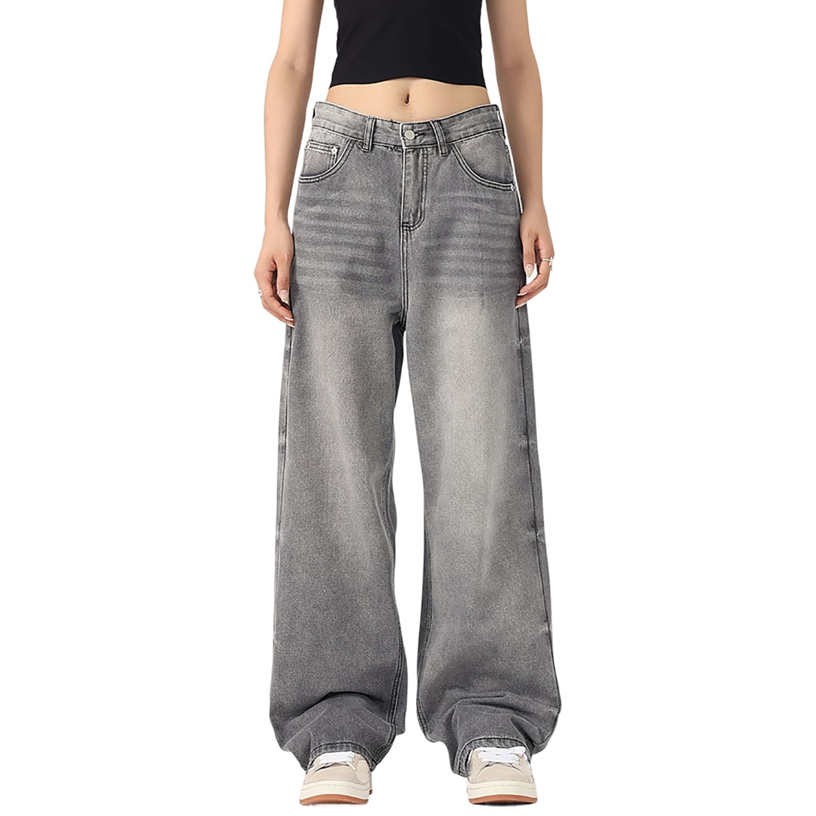 Damskie Dżinsy Proste Luźne Spodnie Cargo z Niskim Stanem Szerokie Nogawki Spodnie Boyfriend Luźne Spodnie Rekreacyjne Dżinsy Wiosenne Streetwear Dżinsy Cargo Szare Sprane