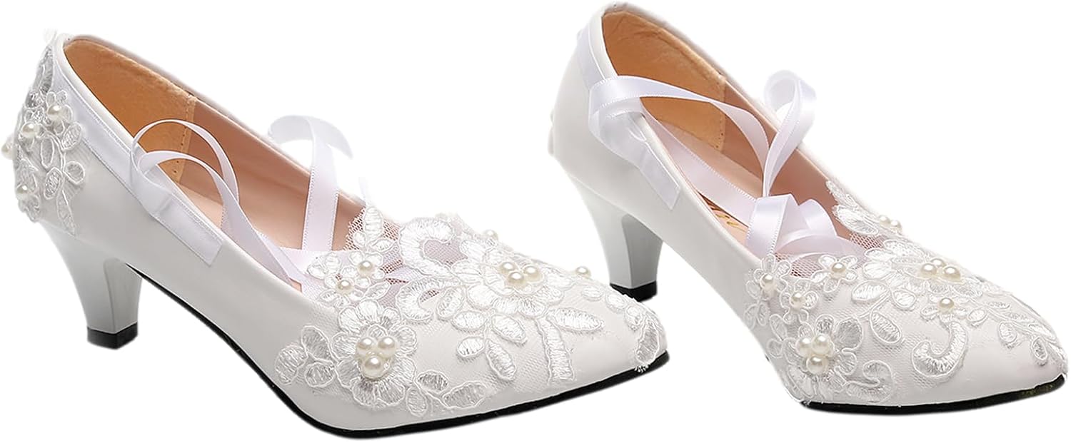 ANUFER Womens Elegant Lace Embroidery Flat/Heeled White Wedding Shoes Pumps with Pearls