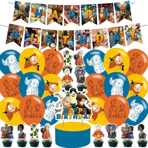 Cartoon Anime Party Supplies - Decorations Include Happy Birthday Banner Cake Topper Cupcake Toppers for Anime-Themed Celebration