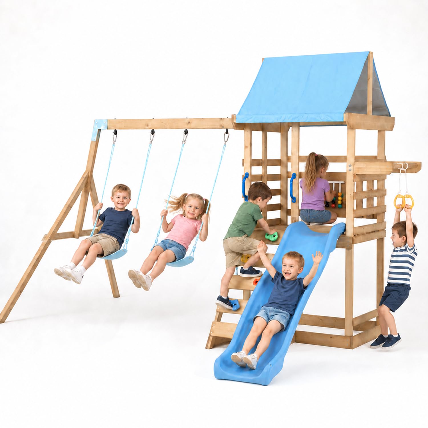 Wooden Swing Set for Backyard with Slide and Belt Swings