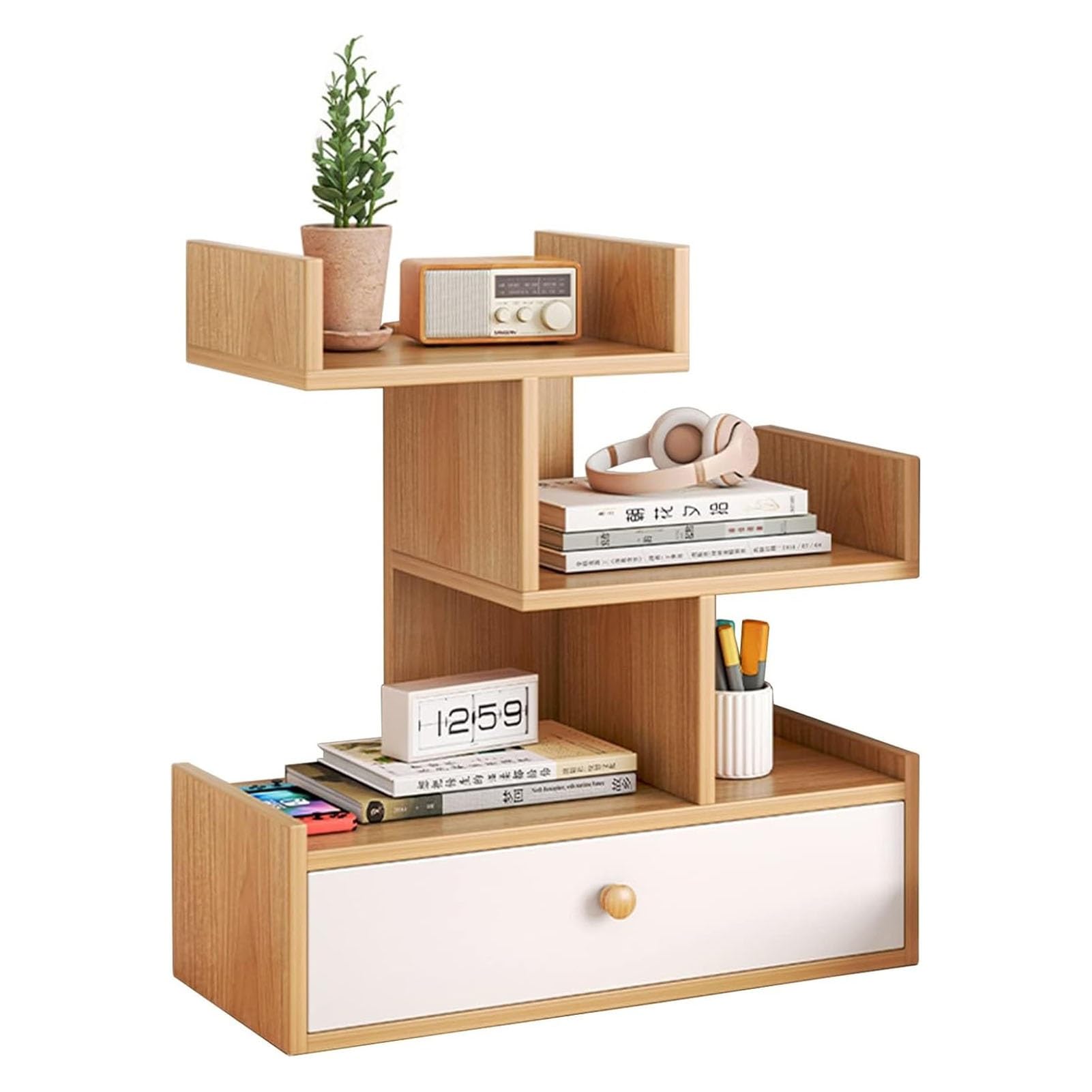 JOUFNING Three Floors Desk Storage Organizer, Desktop Bookshelf with Drawer, Expandable Display Shelf Rack, Office Countertop Hutch Tree Shape Stand