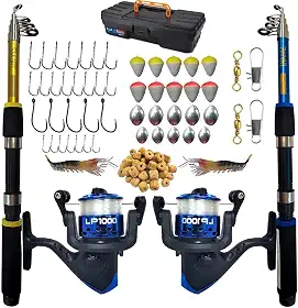 Kit de Pesca Completo com 2 Varas Telescópicas, 2 Molinetes LP1000, Anzóis, Boias, Chumbadas e Acessórios