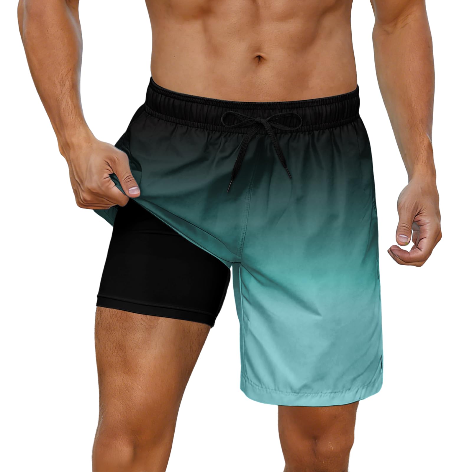Men Swim Trunk with Compression Liner 7 Inch Inseam Swimming Shorts Boxer Brief Quick Dry Bathing Suits, Gradient Green, L-image-45
