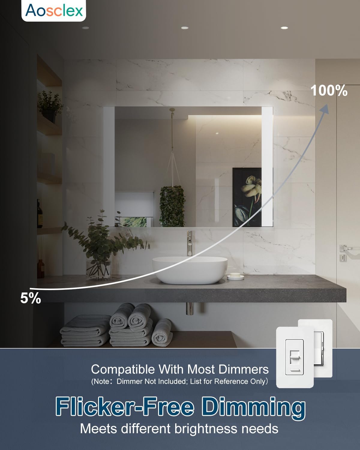 Aosclex 2 Inch 5CCT Anti-Glare LED Recessed Lights with Jbox, 2700K/3000K/3500K/4000K/5000K Selectable, 8W 840LM CRI90+, Dimmable Canless Downlight, Waterproof Light Fixtures, ETL & FCC（White, 6 Pack）