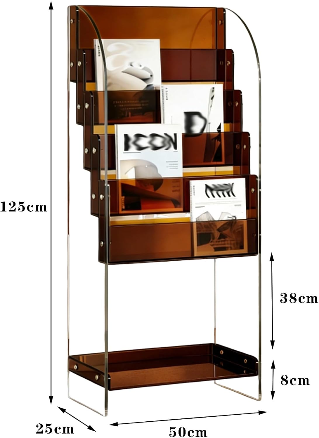JSWHYBD 5-Tier Floor-Standing Acrylic Magazine Rack — A Light Luxury Display Stand with Retaining Guards, Suitable for Living Rooms, Cafés, Studies, and Hotels Orange