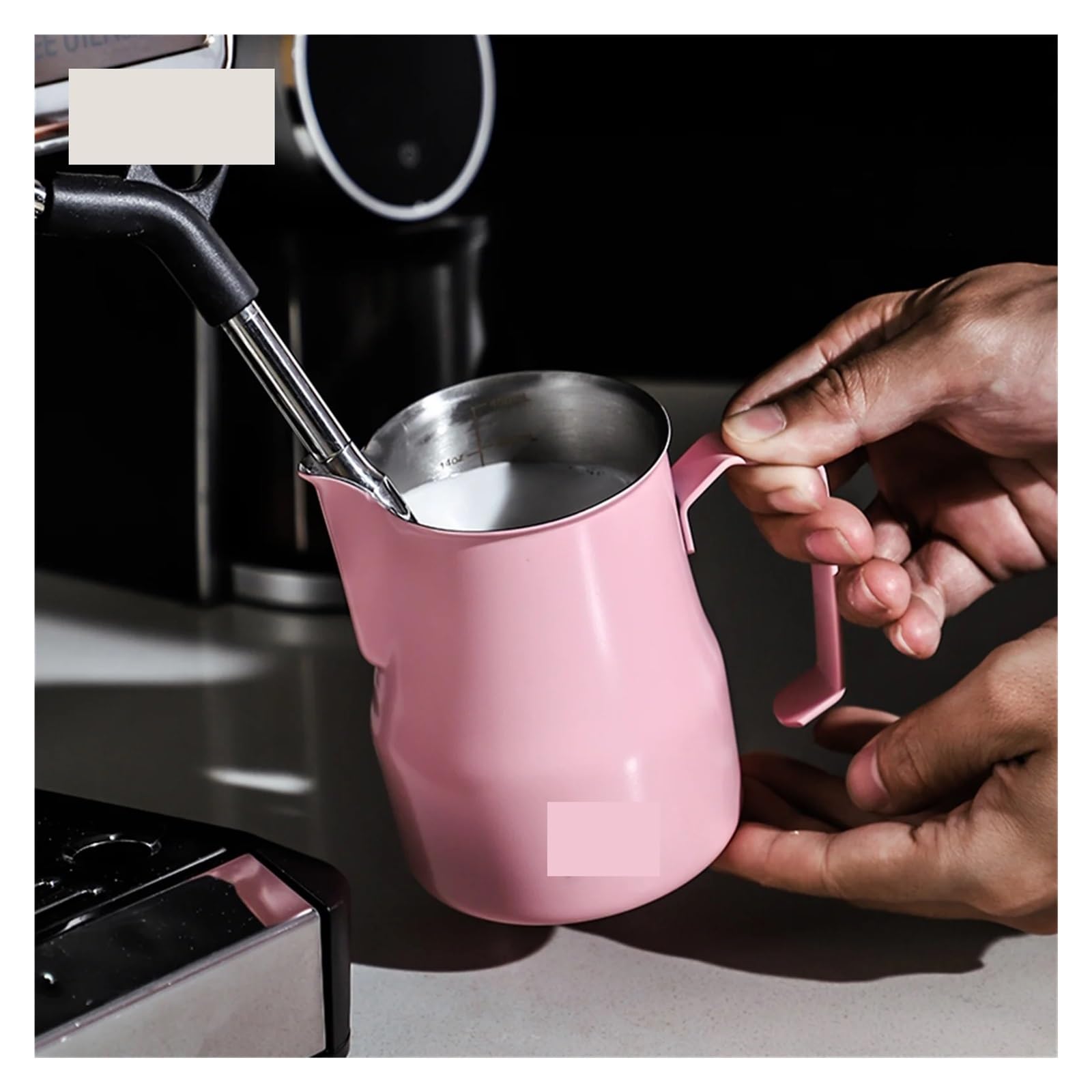 Jarra de espuma leche rosa 300/450ml, taza café expreso acero inoxidable con escala, Compatible Latte Art Barista(Pink 300ml)