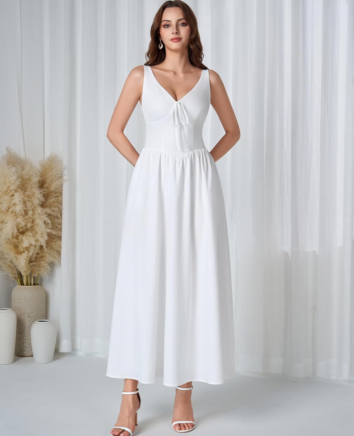 GLNEGE Women's Floral Corset Wedding Guest Maxi Dress Flowy Lace Up Milkmaid Dresses Summer Tea Party Sundress with Pocket