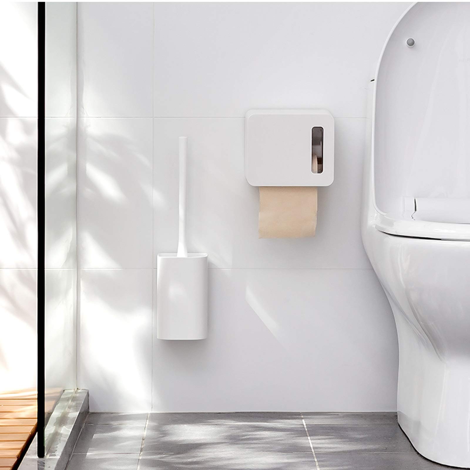 Scopino per WC con supporto a parete, manico lungo, spazzola igienica per la pulizia con coperchio, non richiede foratura, perfetto per il bagno per set WC
