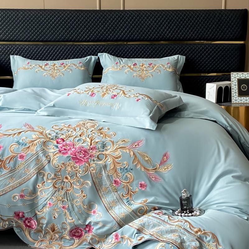 Image of JJ's Imported Skin Friendly Pure Washed Cotton Heavy & Beautifully Embroidered Wedding Style 5 Pcs King Size Double Bed Luxury Bridal Bedding Set with Heavy Comforter /Quilt (Sky Blue 22)