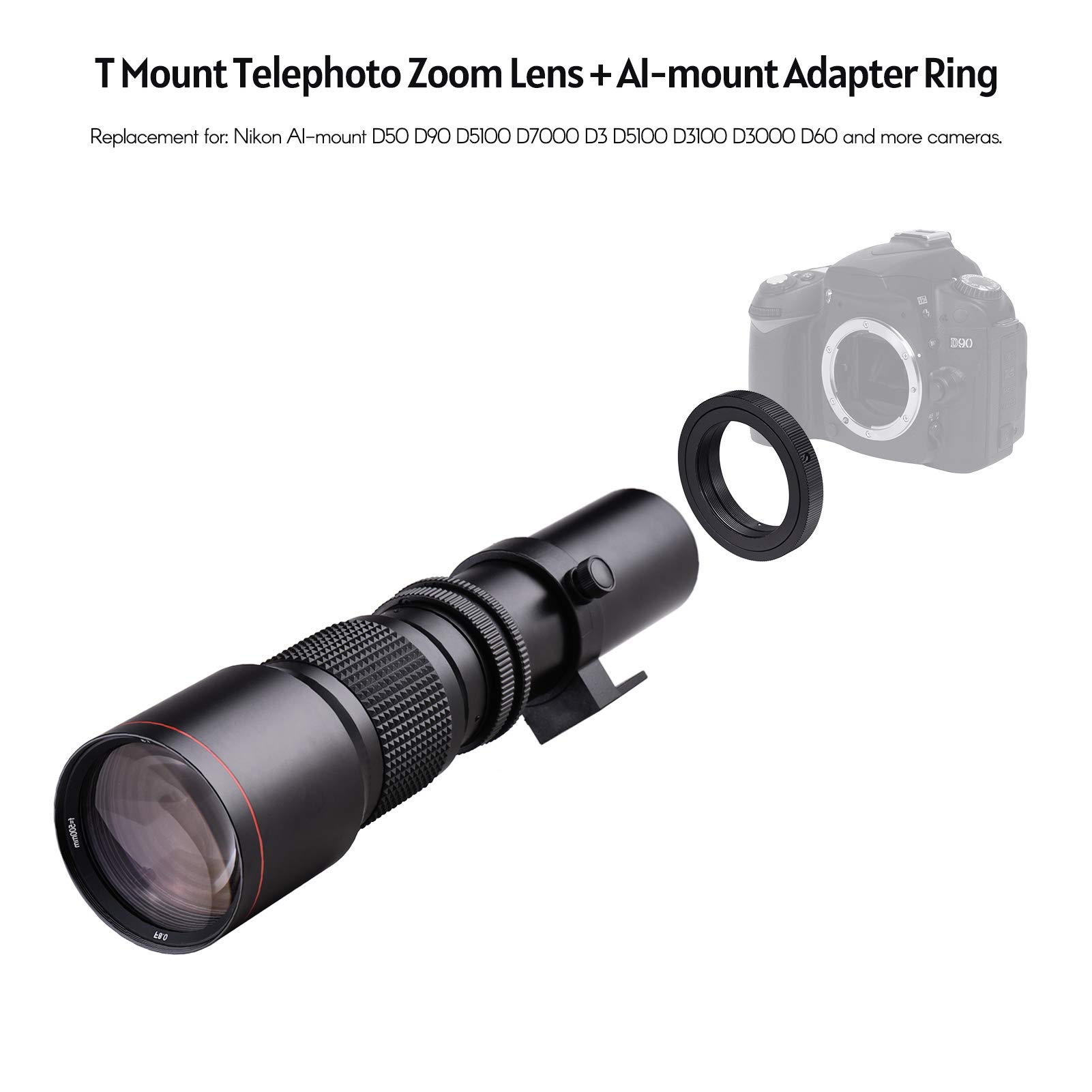 Kelda 420-800mm F/8.3-16 Super Teleobiettivo Manual Zoom Lens Con T-Mount & Anello Adattatore Per Nikon D3000 D3100 D3200 D5000 D5100 D5200 D7000 D7100and More Dslr Cameras