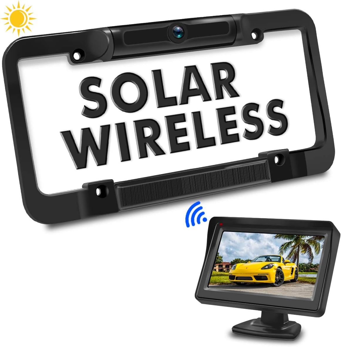 PORMIDO Solar Wireless Backup Camera License Plate with Monitor Kit 4.3 inch Universal Reverse Rear View Camera for Car Digital Stable Signal 170° Rearview Angle Easy Install No Wiring