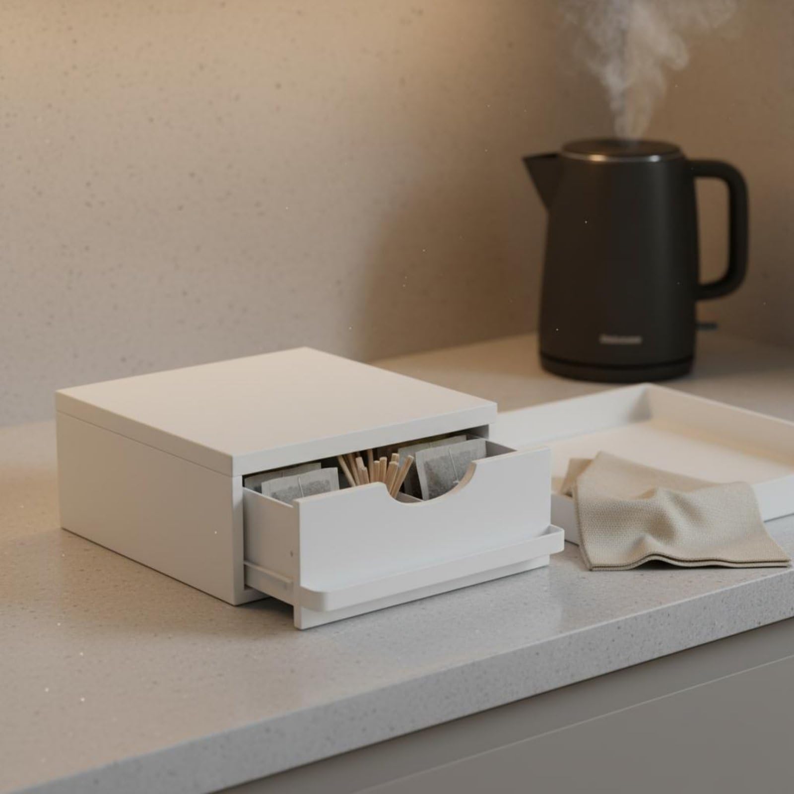 Desktop Schubladen Organizer Teebeutel Aufbewahrungsbox Zubehörregal Aufbewahrungsbehälter mit Verstärkter Ablagefläche für Kaffeezubehör für Arbeitszimmer, Weiß