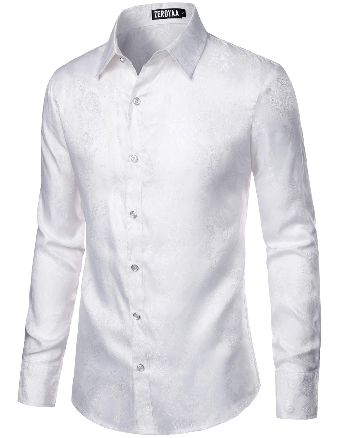 ZEROYAA Men's Paisley Jacquard Slim Fit Long Sleeve Button Up Dress Shirt for Party Prom