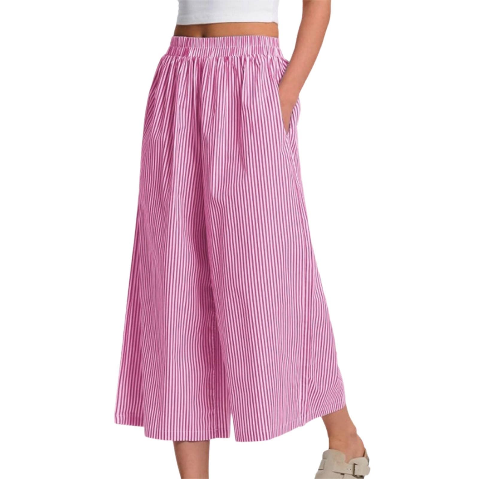 Pantalon, Palazzo Décontracté À Poches, Rayé, Jambes Larges Et Fluides, Confortable, Taille Élastique Douce, Longueur Cheville, Design Moderne Épuré