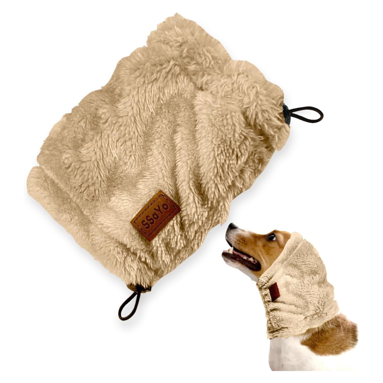 SSaYo Dog Ear Muffs Noise Protection - Soft Calming Hood for Anxiety Relief, Fireworks, Thunder, Grooming & Vet Visits - Elastic Band & Comfortable Neck Warmer for Travel (No Ear, Brown, Large)