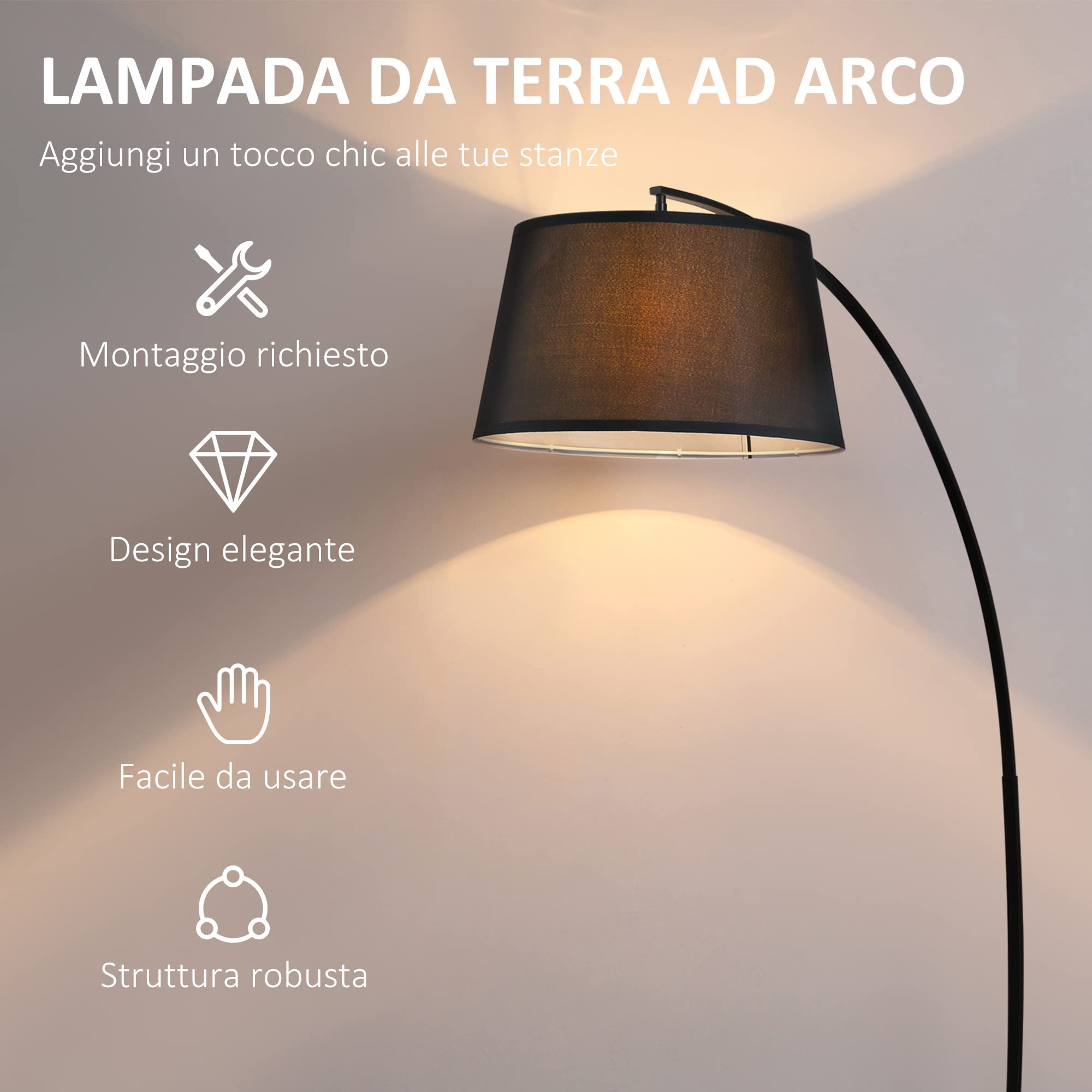 HOMCOM Lampada da Terra ad Arco Base in Metallo Ø47 x 105 x 190cm Nera | Paralume in Tessuto, Lampada a Piantana, Interruttore a Pedale
