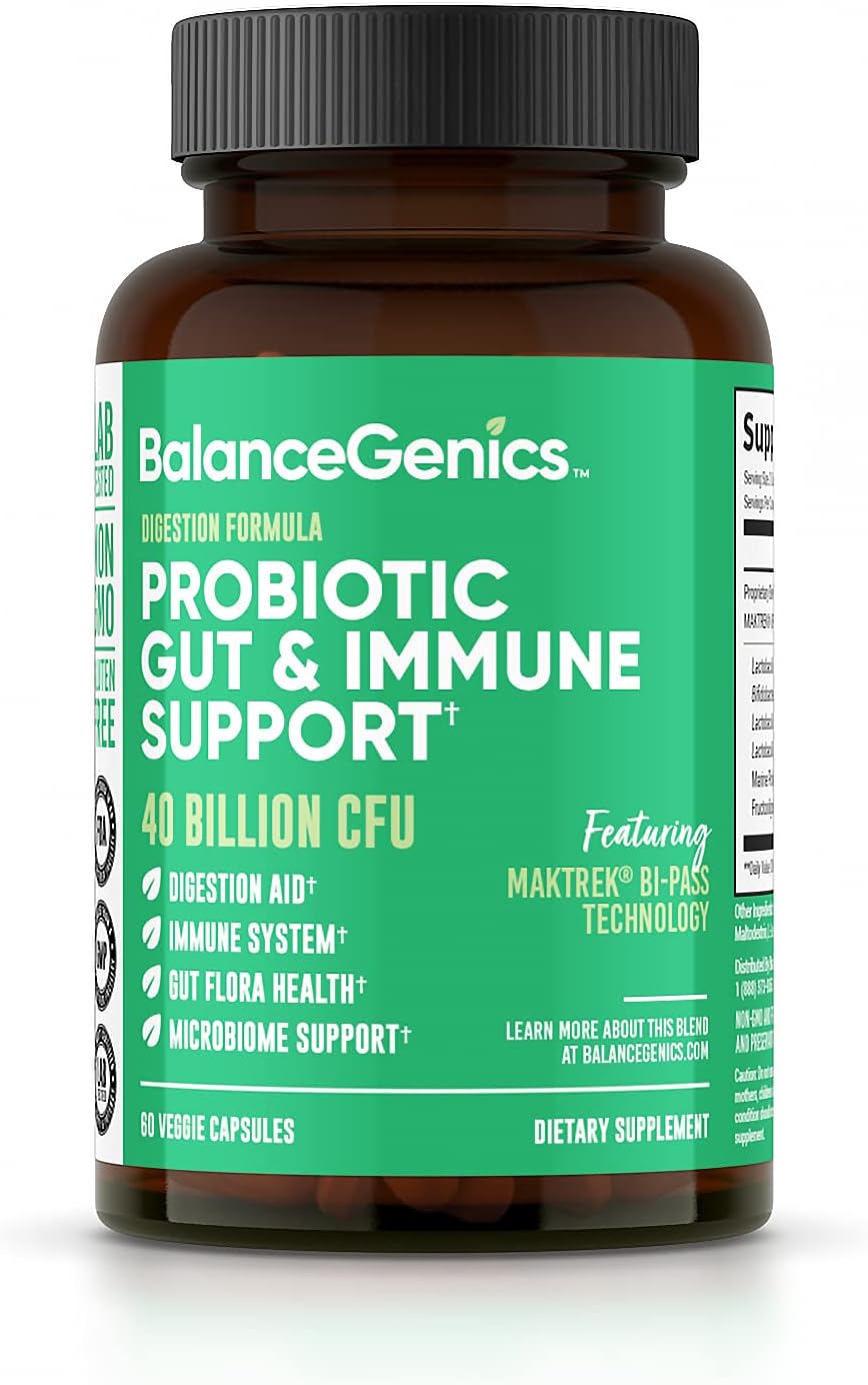 BalanceGenicsProbiotic 40 Billion CFU Supplement – Digestive Enzymes for Gut Wellness and Immune Support – Lactobacillus Acidophilus Shelf-Stable with Potency Guarantee (60 Capsules)