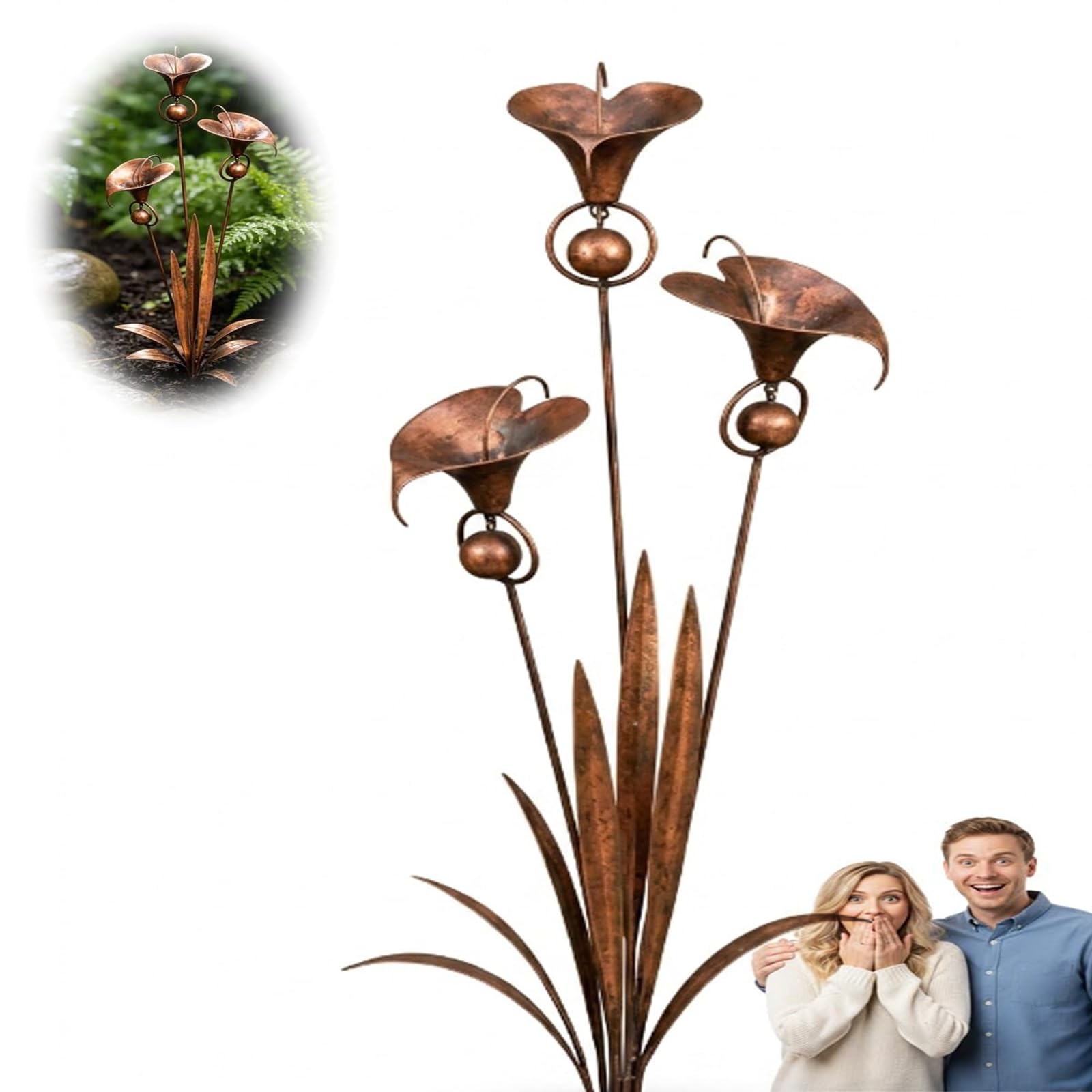 2026 Flamed Copper Three Calla Lilies Garden Stake with Bells, Handmade Metal Flower Rain Catcher, Metal Plant Sculpture Yard Art Decor, Rustic Wind Chime Ornament for Lawn Patio Garden (1pcs)