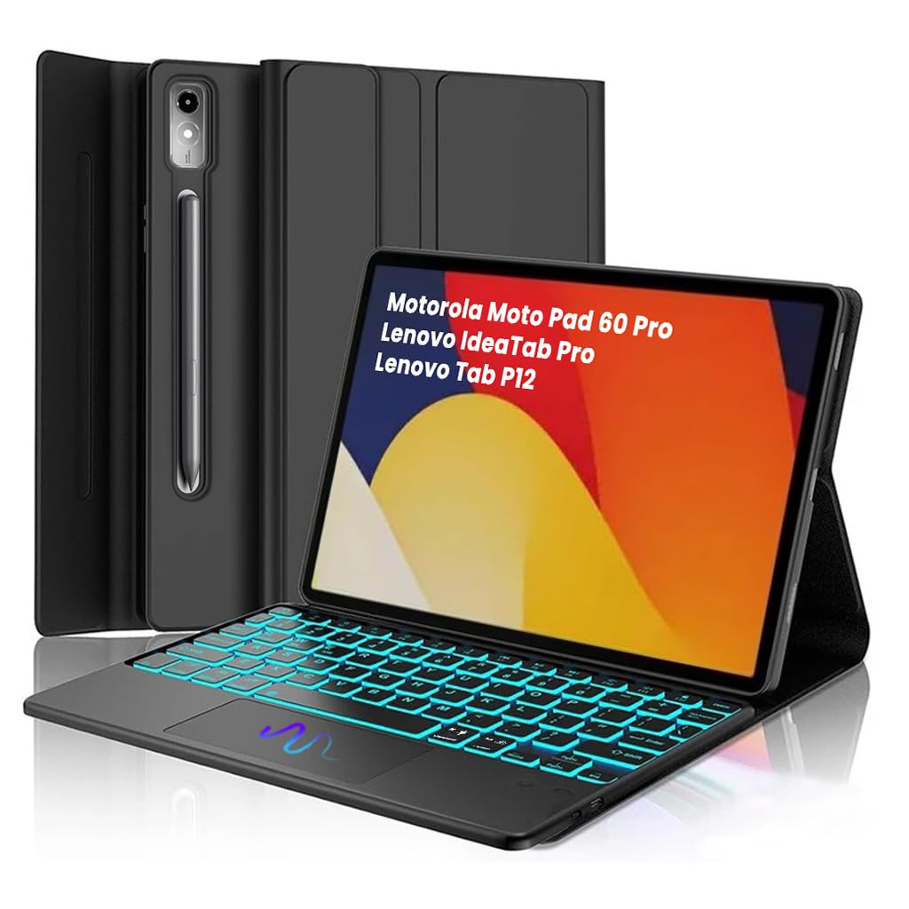 Keyboard Case for Motorola Moto Pad 60 Pro, Lenovo Idea Tab Pro 12.7” 2025 and Lenovo Tab P12 Folio Cover with Keyboard Magnetically Detachable, Trackpad, Backlit, Pencil Holder, Multi Angle (Black)-image-45