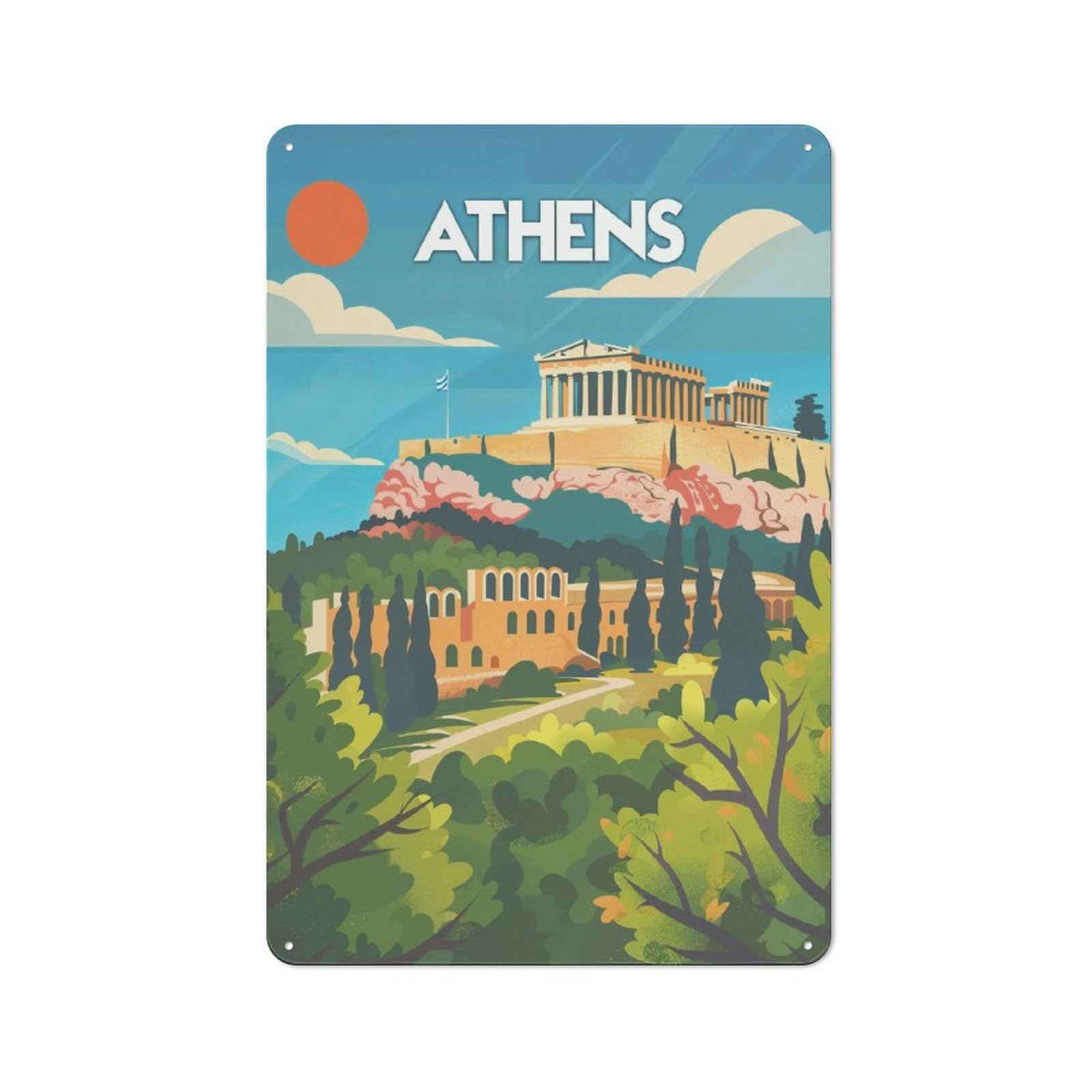 Junmoney Style-21 Vintage Metal Plaque 30X20cm Featuring Athens Acropolis View For Hallway Wall, For Wall Display Collectors