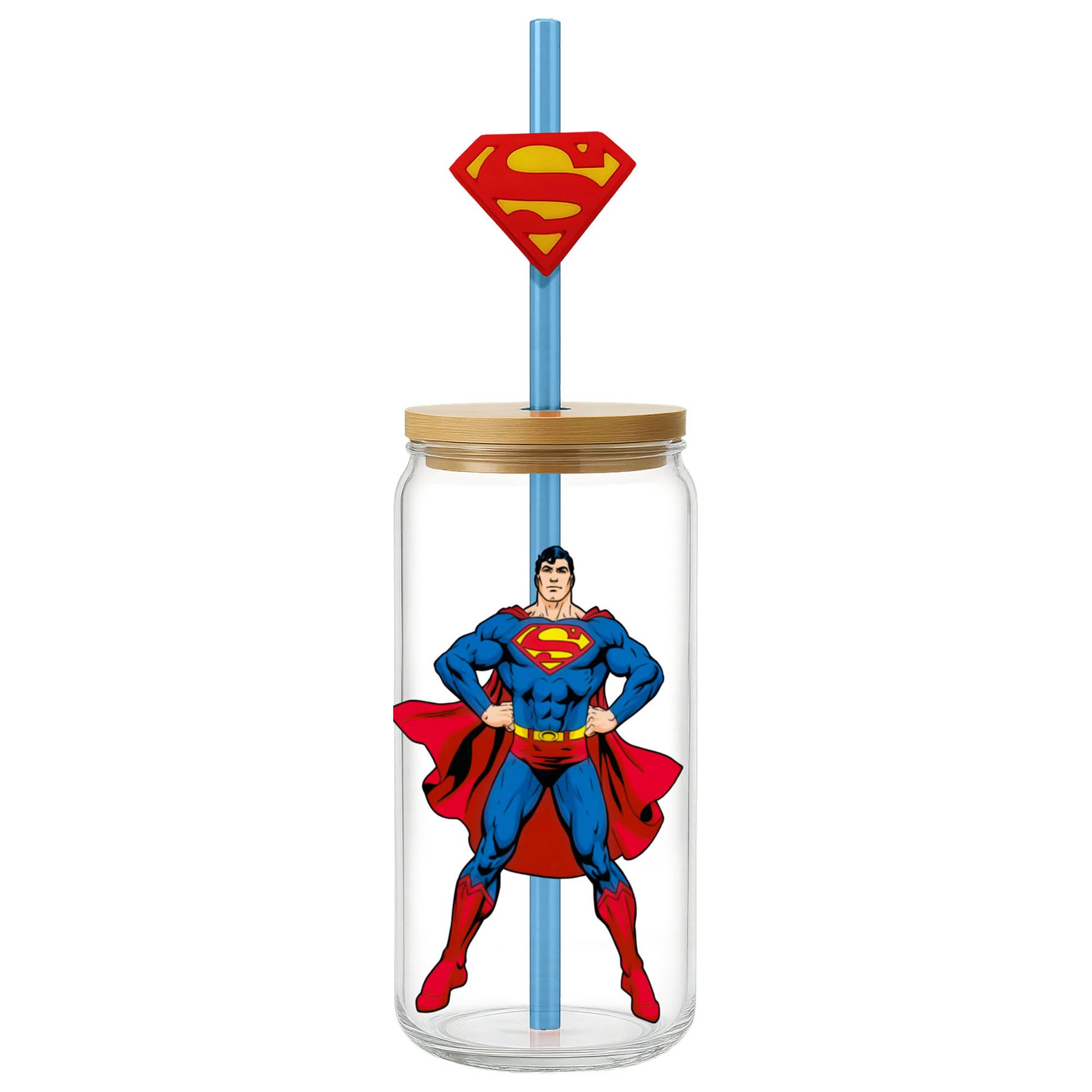 Spoontiques Superman Glass w/Lid and Straw Charm, 20oz - 6.75” Tall Decorative Glass, Straw Included, Ideal for Hot & Cold Beverages