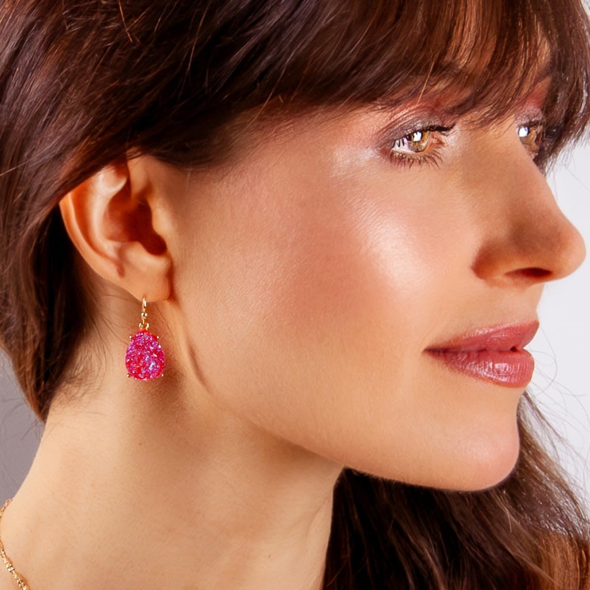 Teardrop Dangle Earrings for Women with Simulated Druzy Stones in Gold or Silver Tone - Image 5