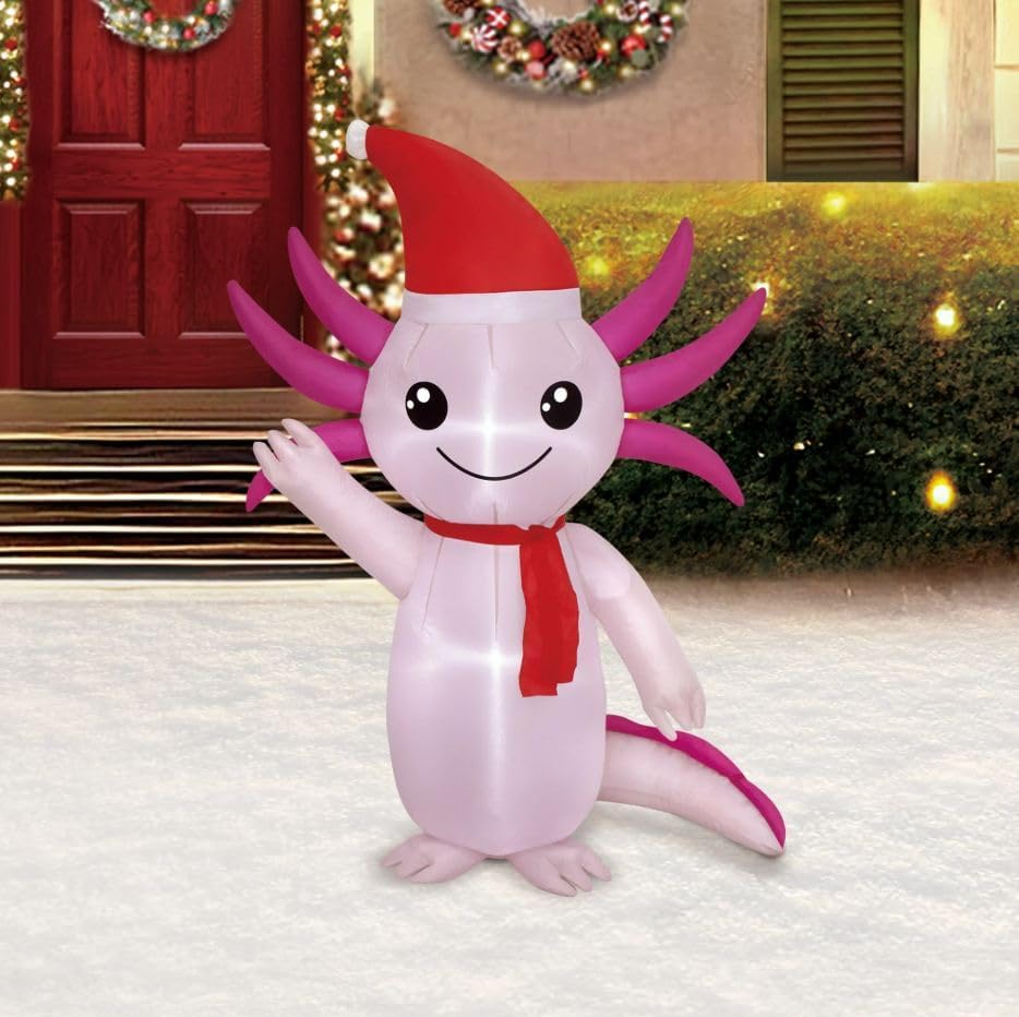 Christmas Axolotl with Santa Hat 4 Foot Christmas Inflatable LED Holiday Outdoor Lighted Yard Lighted Blow-Up Decoration 2025 - Includes Bonus Repair Patch
