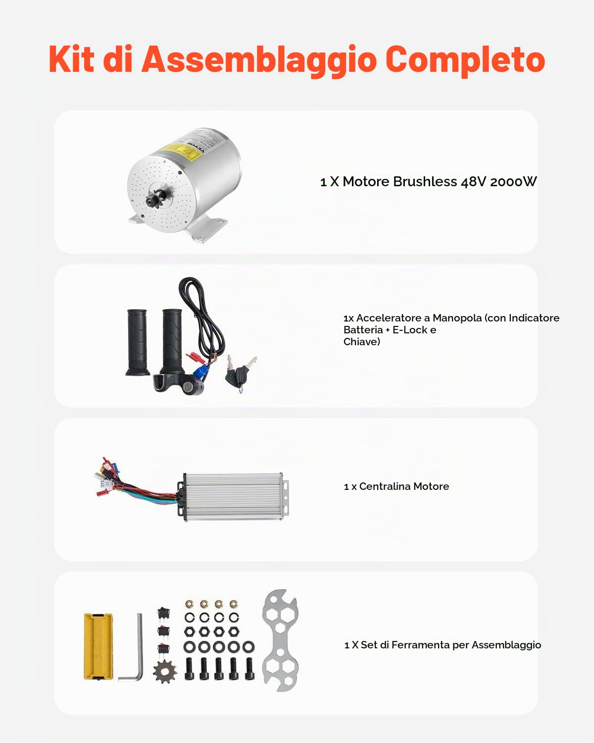 VEVOR Kit Motore Elettrico Senza Spazzole 2000 W Motore Elettrico 48 V a 4300 Giri/min con Regolatore di Velocità Aggiornato e kit Impugnatura Acceleratore per Go Kart, Bici Elettrica, Moto, Scooter