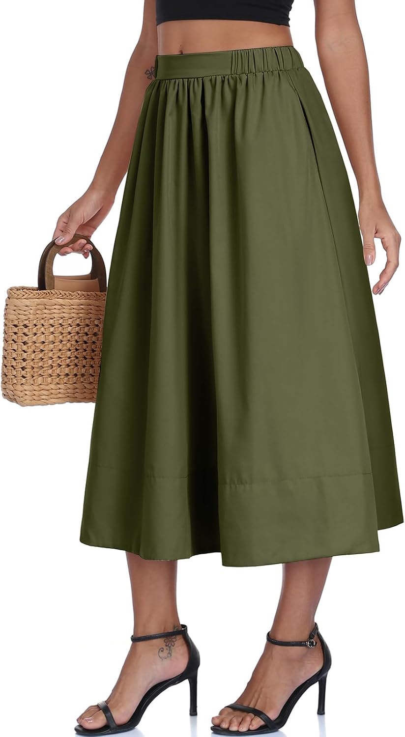 HOTIAN Women's A-Line Midi Skirts Casual Summer Elastic High Waist Pleated Flowy Beach Long Skirt with Pocket - Image 2
