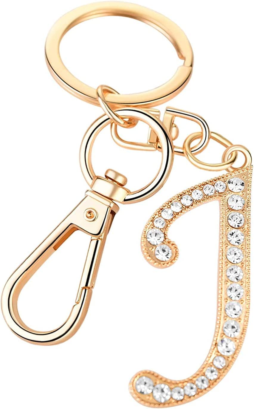 RohansWomens Gold Plated Alloy Car Key Ring with Crystal Rhinestone Alphabet Initial Letter Keychain
