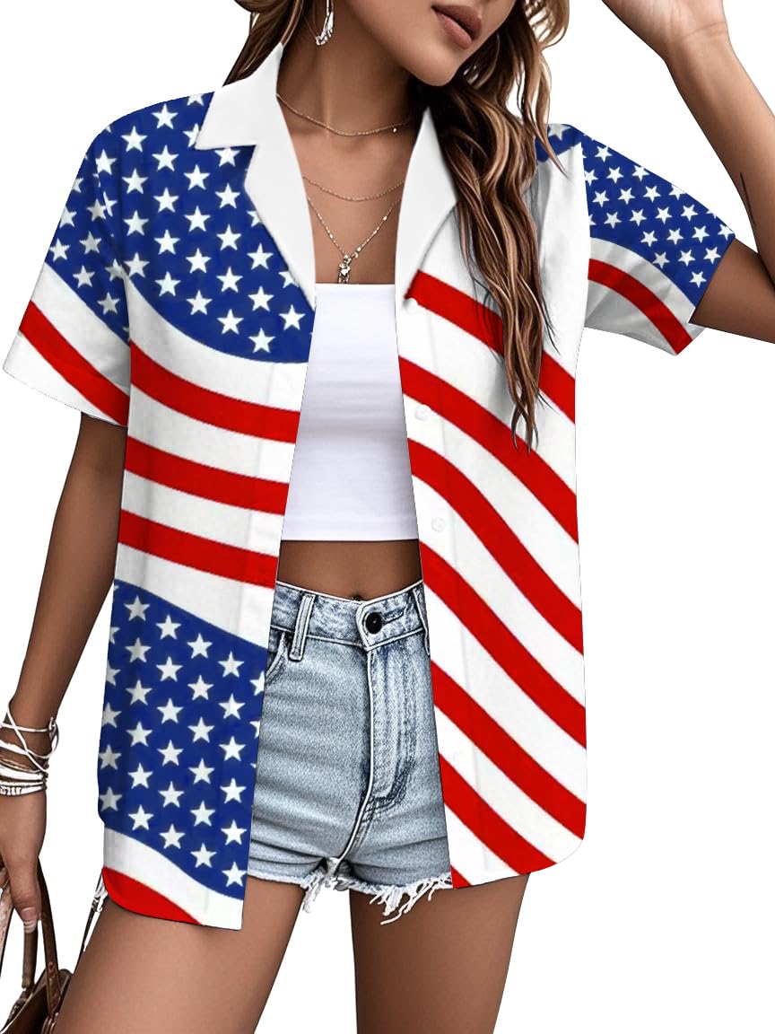 American Flag Shirt for Women 4th of July USA Button Up Tops Summer Hawaii Floral Patriotic Stripes Graphic Tee