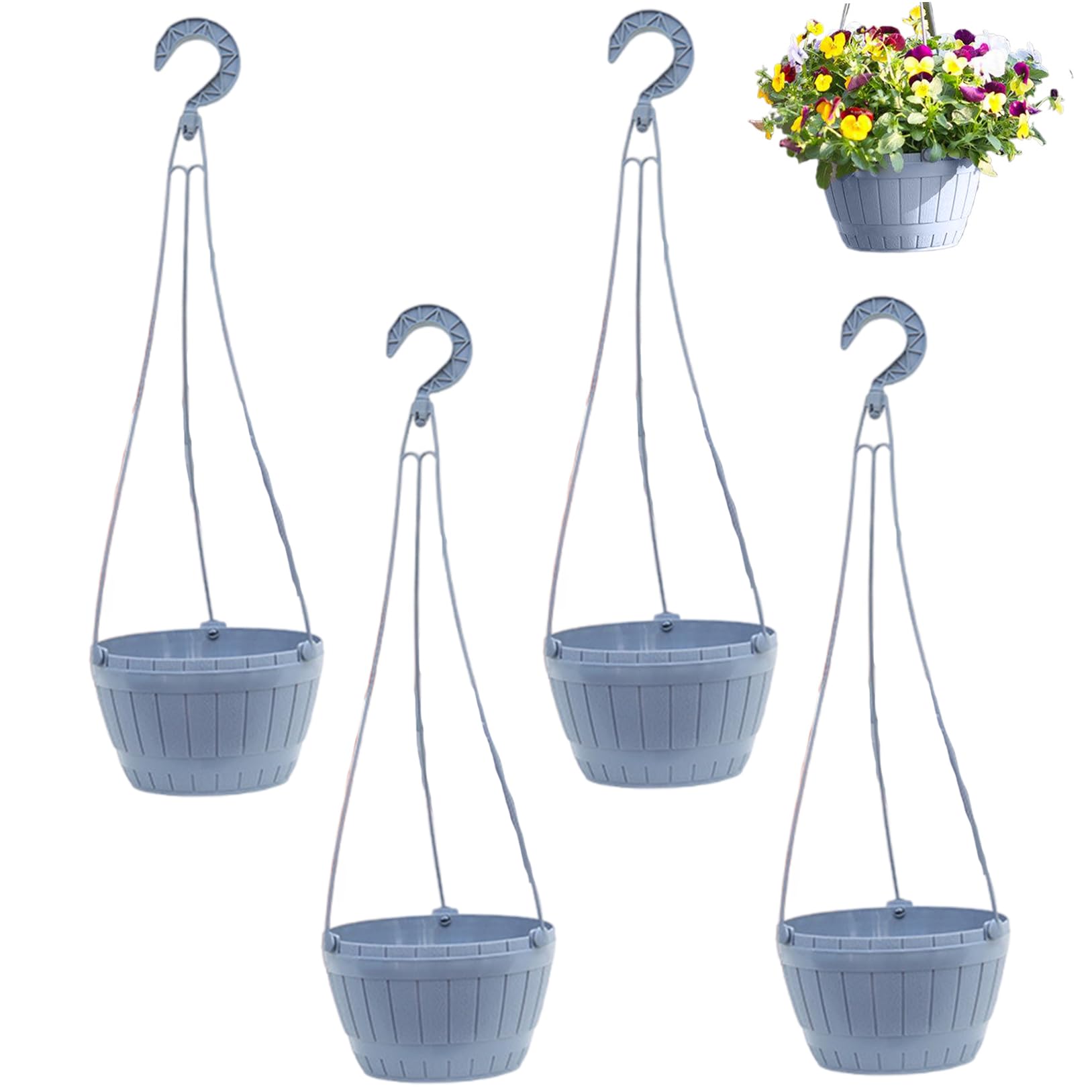 Hintyne Hanging Plant Pot Hanging Baskets for Plants Indoor 4PCS Plastic Planter with Drainage Holes and Hook for Plants Outdoor Garden, Grey