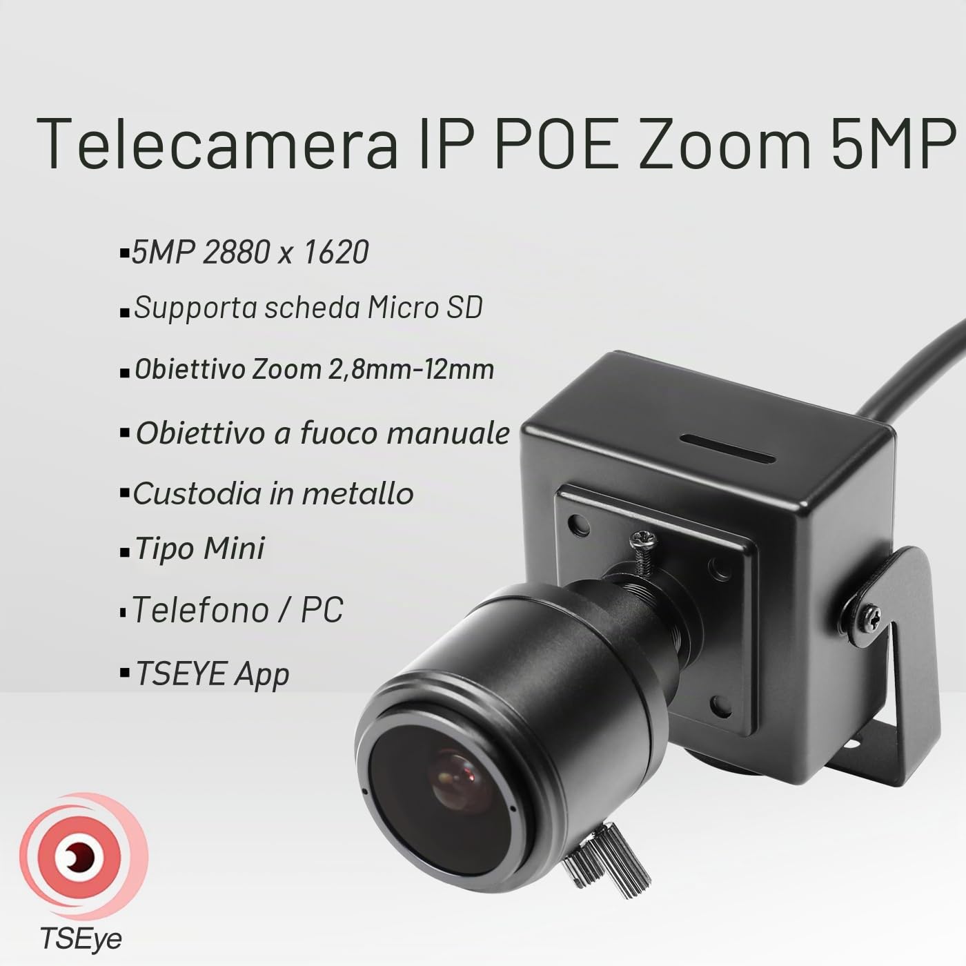Mini telecamera di sicurezza 5MP, zoom manuale 2.8-12mm, piccola telecamera di sorveglianza interna PoE, rilevamento movimento, funziona con scheda SD/NVR, fino a 256GB TF Card (I712-P-TS-SD)