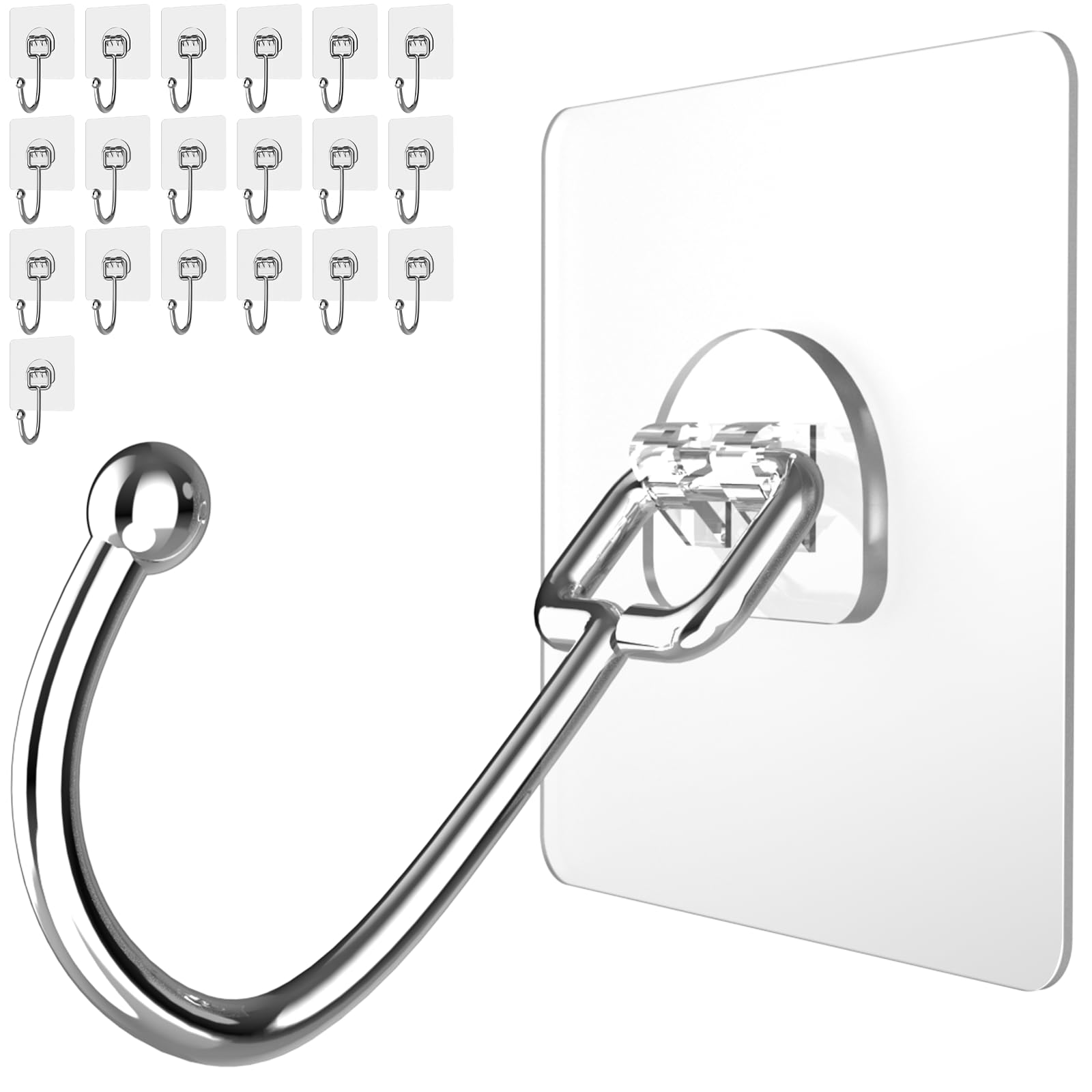 Latoxcaa Large Adhesive Hooks 20-Packs, Heavy Duty 44lb(Max) Wall Hooks for Bathroom, Outdoor, Strong Self-Adhesive Towel & Coat Hooks, Waterproof Transparent Utility Hooks for Home Improvement