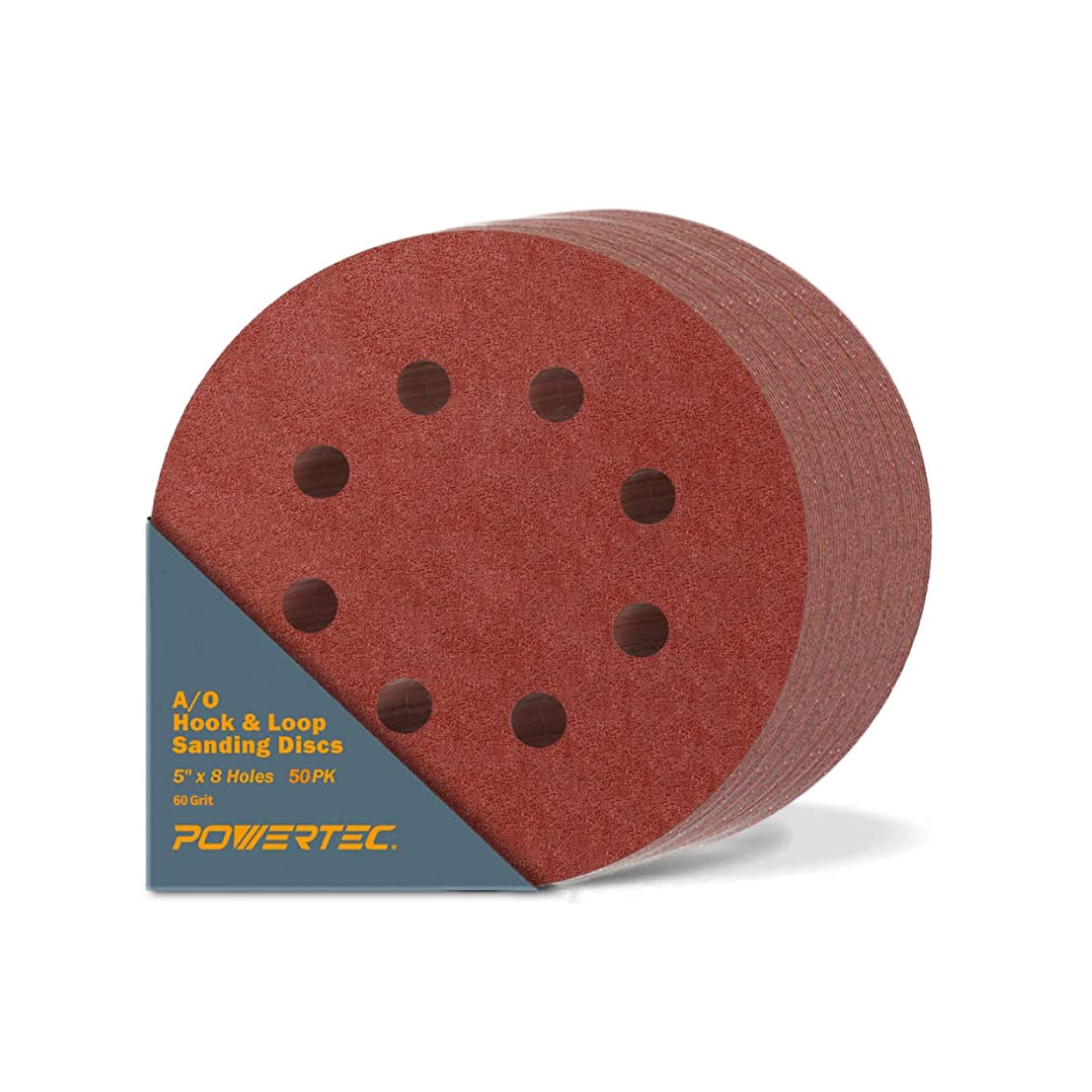 POWERTEC 50PK, 5 Inch 8 Hole Hook and Loop Sanding Discs, 60 Grit