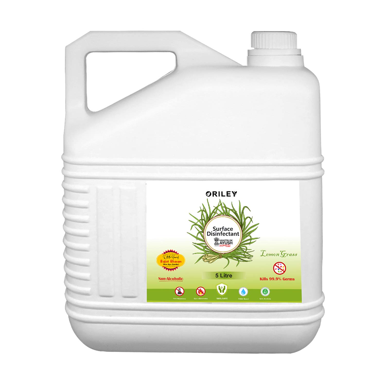 Oriley Surface Disinfectant Spray Sanitization Mist with Rajat Bhasama & Lemon Grass Extract Water Based Sanitizer for Home & Office Cleaning (5L)