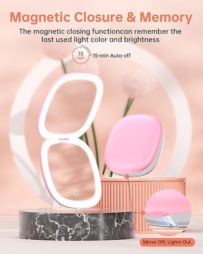 Miniatura 5 de Gospire Espejo de maquillaje de viaje recargable de 3.9 pulgadas con luces y aumento 10X, 3 colores de luz y brillo ajustable, cierre magnético y