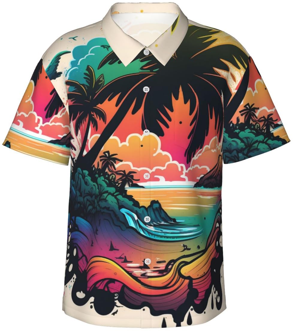 PADOLA Camisa Verano Hawaiana para Hombre Manga Corta Casual Estampada de Playa Cocoteros Camiseta con Botones