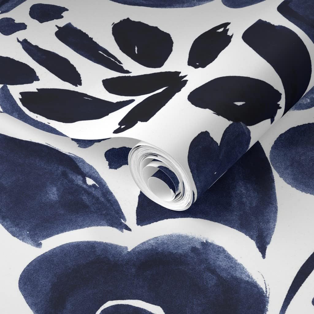 Removable Wallpaper 9ft x 2ft - Navy Blue White Floral Dark Indigo Watercolor Romantic Flowers Custom Pre-Pasted Wallpaper by Spoonflower