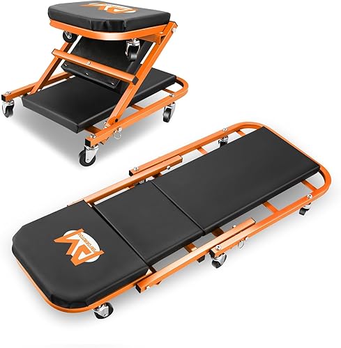 PM PERFORMOTOR PM-TOL-CPS40-OG - Enredadera plegable 2 en 1 de 40 pulgadas, silla de garaje con ruedas ajustables para acostarse o sentarse, 6