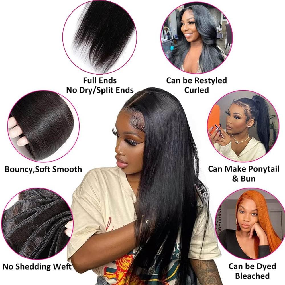 CHEEON 10A Straight Hair Bundles Brazilian Virgin Human Hair Bundles 16 18 20 Inch Unprocessed Straight Weave Bundles Natural Color