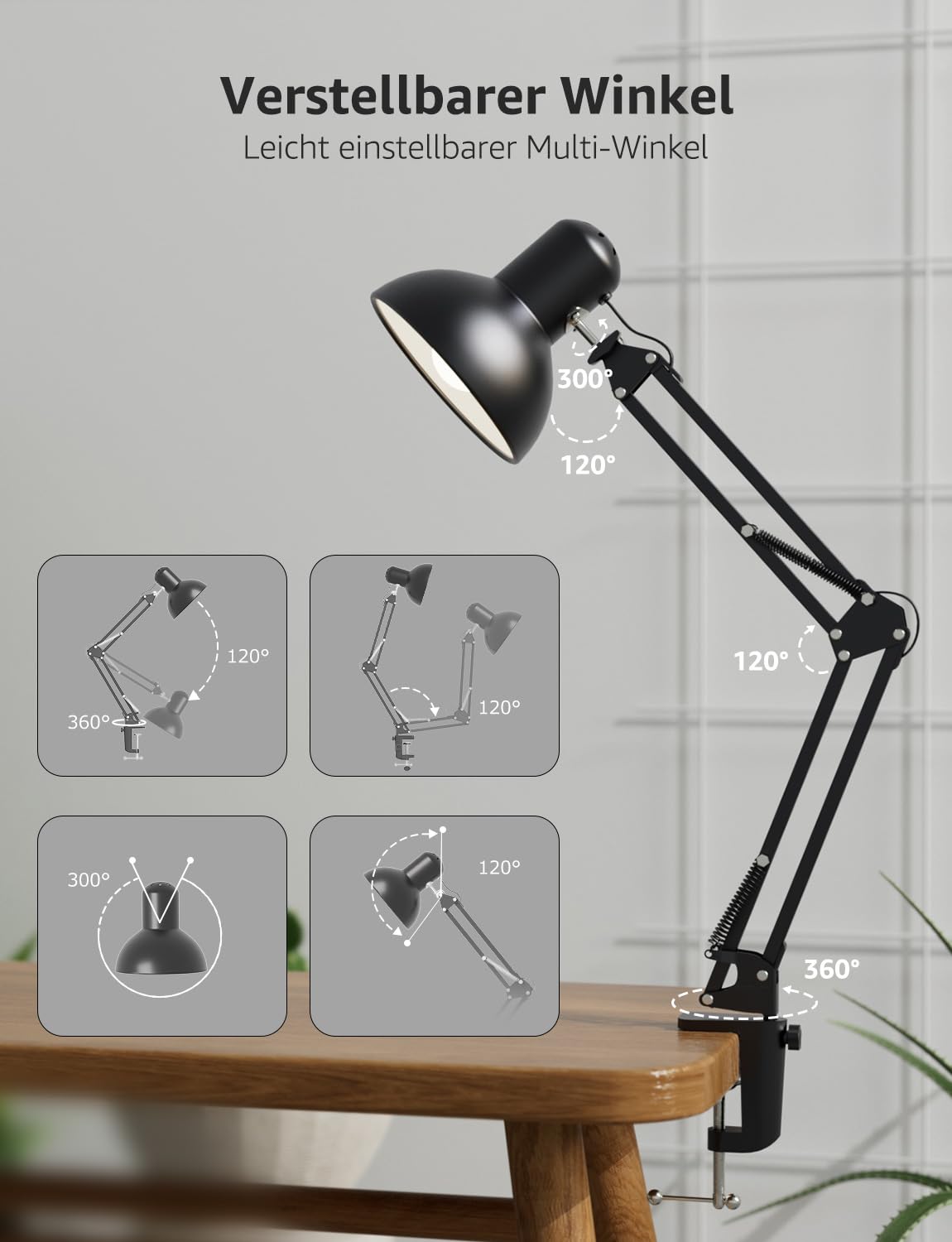 Lepro Schreibtischlampe Retro, Klemmbare Tischlampe E27, LED Büro Leselampe Nachttischlampe Verstellbare, Gelenk-Arm, schwenkbar, Tageslichtlampe Schreibtisch leuchte, HxBxT: 38 x 15 x 27cm, Schwarz