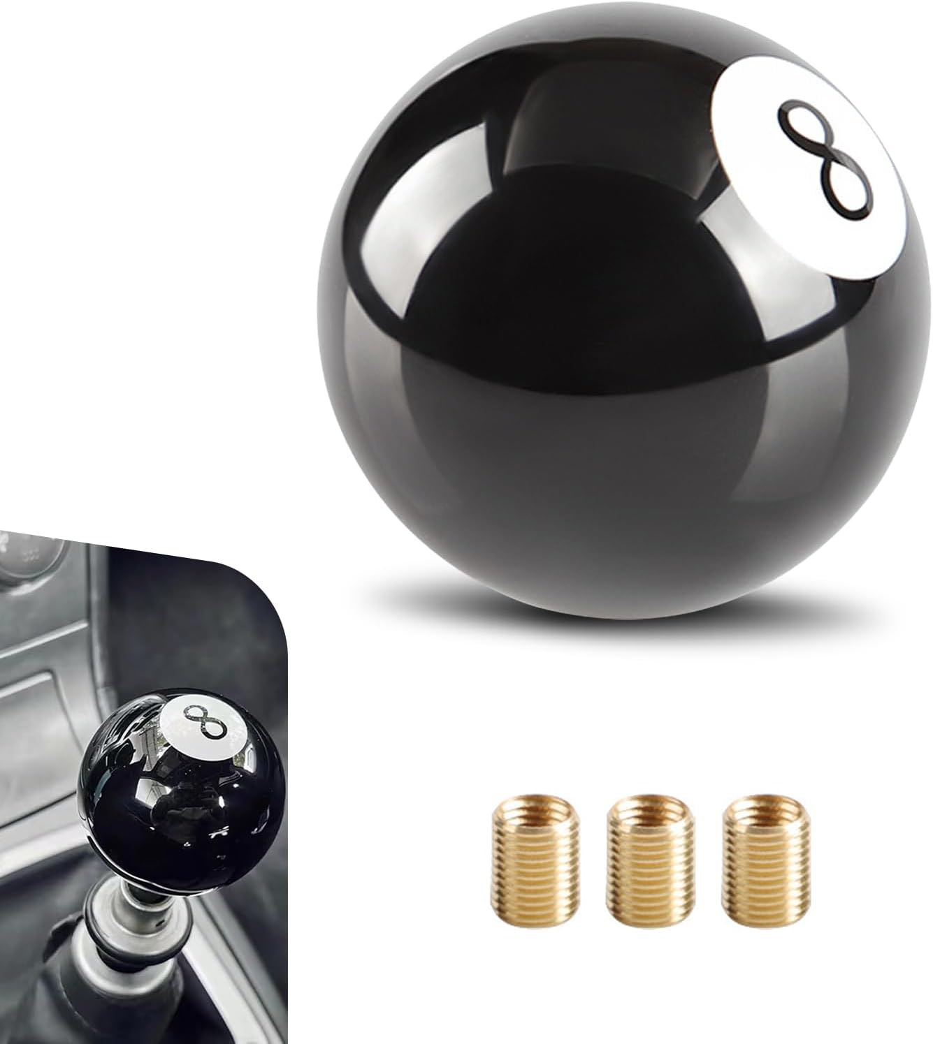 Car Gear Stick Handle, 2.16" Billiard Ball 8-Shaped Manual Shift Knob with M8/M10/M12 Adapters, Personalized Auto Modification Accessory, Fits Most Manual Transmission Cars (Black)