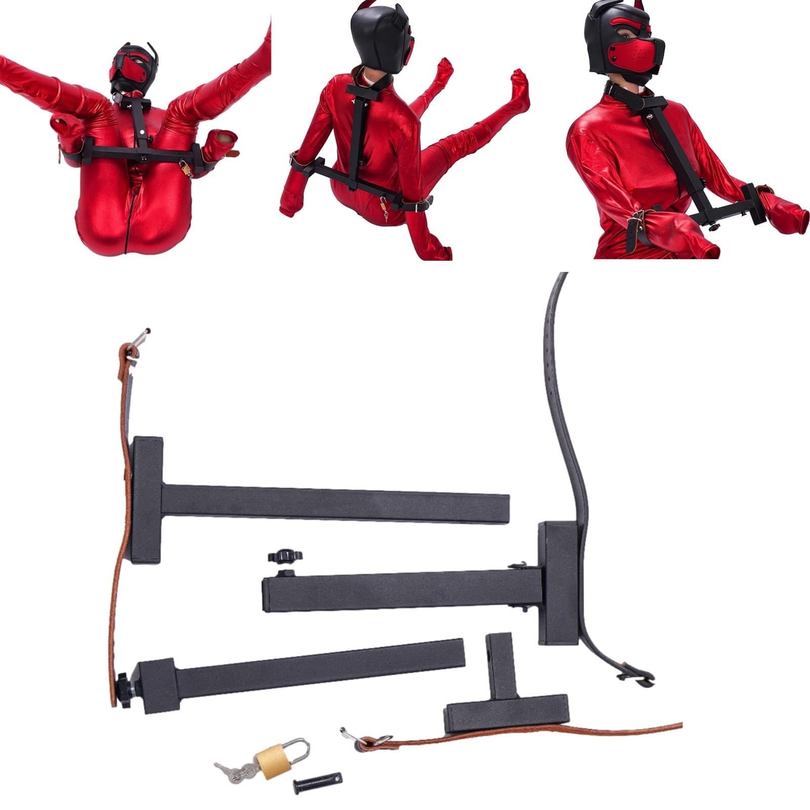 Fesseln Fesselstange mit Handfesseln und Halsfessel SM Bondage Rindsleder Handschellen Kragen Kohlenstoffstahll Spreizstange Einstellbar Bondageset Fetisch Sexspielzeug für Paare