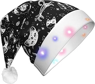 Halloween Witch'S Cats Christmas Hat With Led Lights For Adults,Fluffy Santa Hat With Three Lighting Modes For Party Headwear