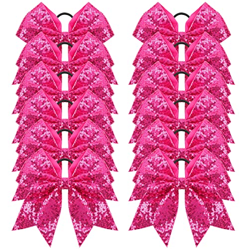 Oaoleer 12PCS 7 Large Glitter Cheer Hair Bows Ponytail Holder Elastic Band Handmade for Cheerleading Teen Girls College Sports (Sequin Hot Pink 12PCS)