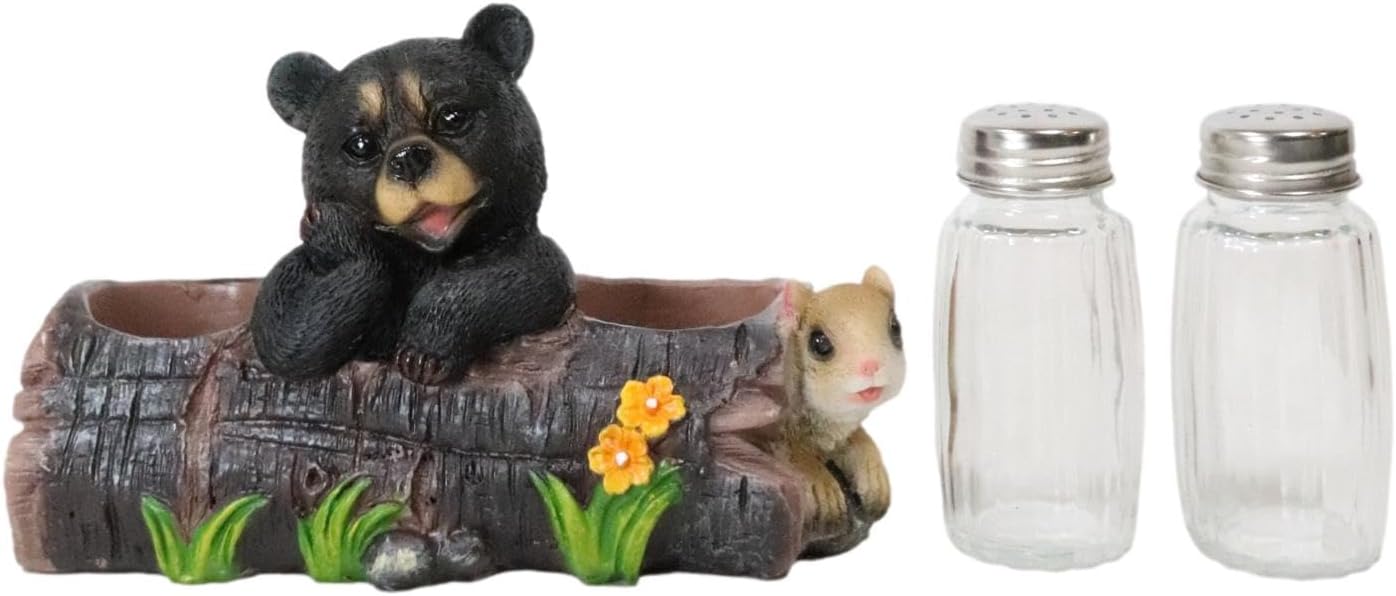 Ebros Black Baby Bear Cub Sitting In Log With Squirrel Salt And Pepper Shakers Holder Statue 6.75"Long Cabin Lodge Whimsical Bear Dining Table Centerpiece