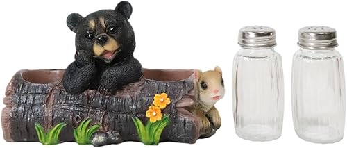 Miniatura 5 de Ebros - Oso de bebé negro sentado en tronco con ardilla, salero y pimentero, estatua de 6.75 pulgadas de largo, cabaña larga, oso caprichoso, centro