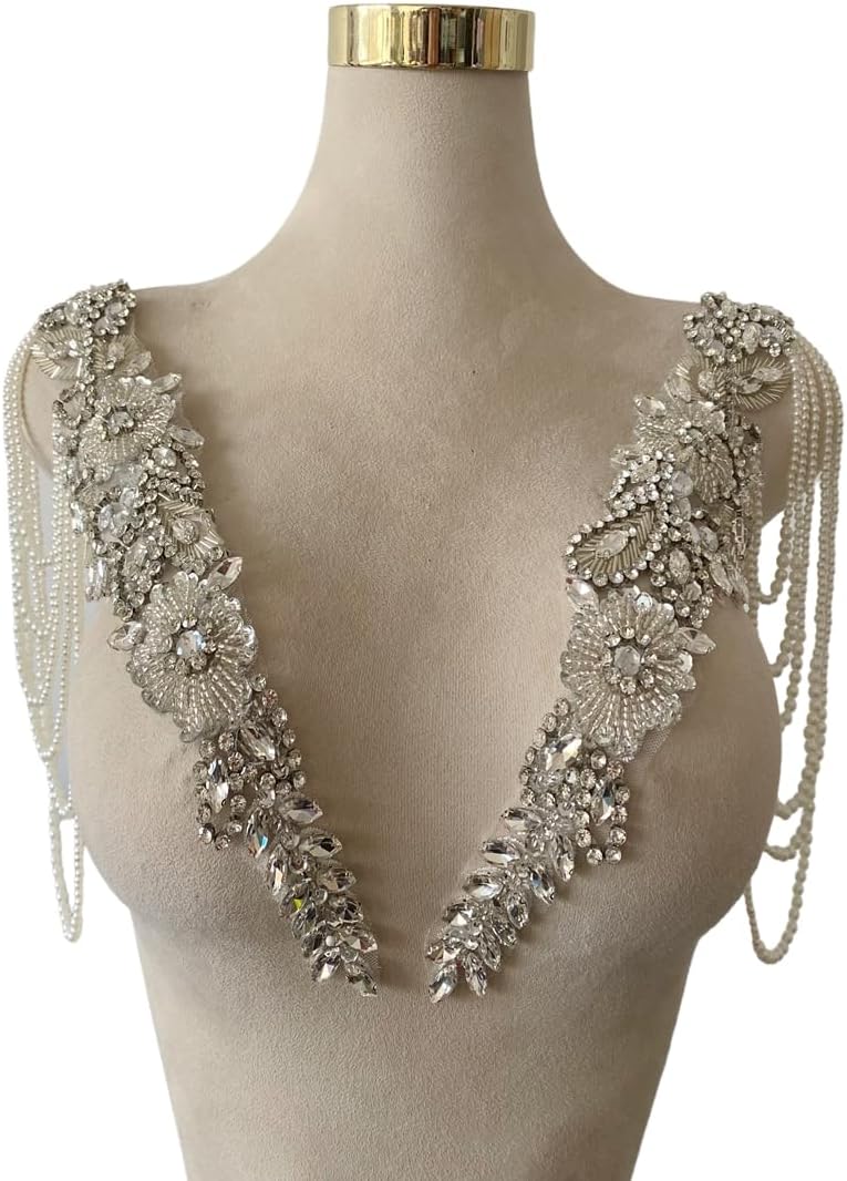 1 Pair Beaded Rhinestones Applique Embellishment for Clothes Epaulettes Shoulder Neckline Patches Sew-on Diamond Sequin Tassels Applique for Wedding Dress DIY Accessories (Silver)